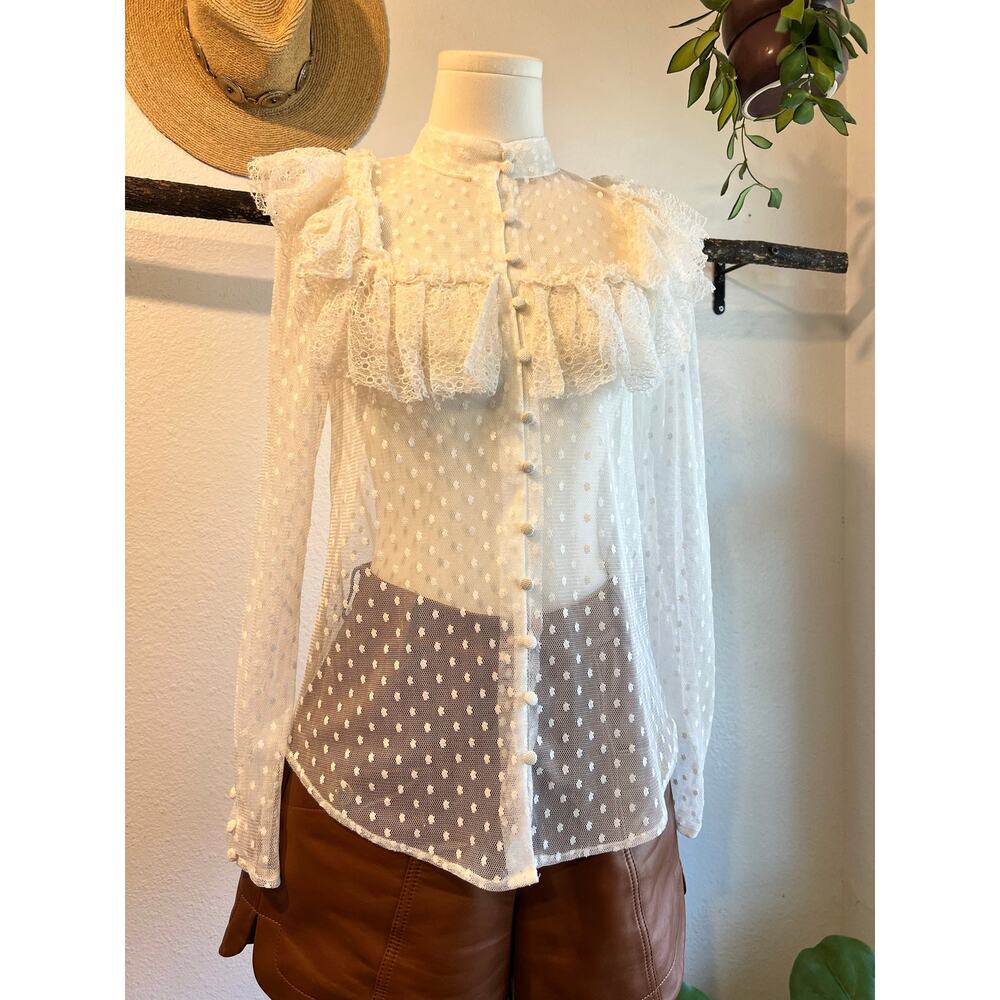 Sandra Mansour x H&M White Sheer Ruffled Swiss Dot Lace Blouse Size XS